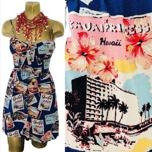 Vintage 90s KAUAI PRINCESS Hawaii Postcard Novelty Rockabilly DRESS M